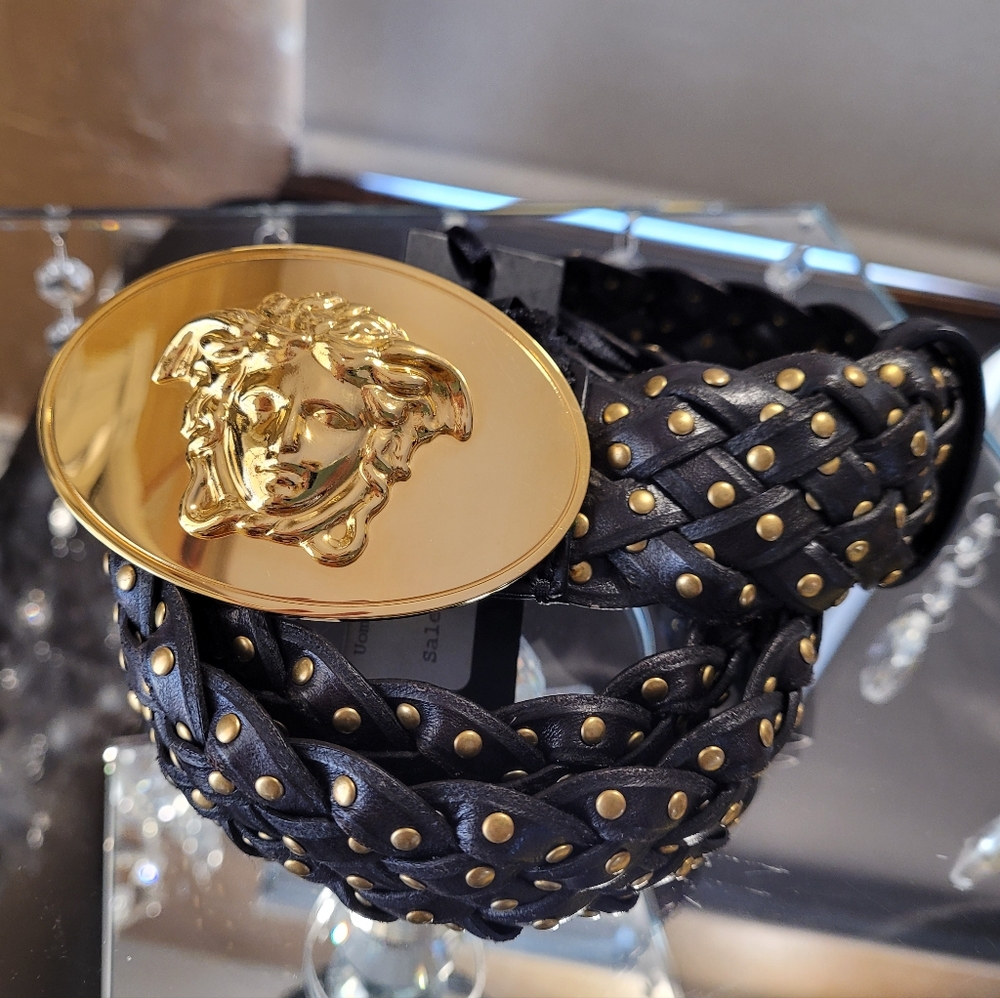 Versace Medusa Medallion Black and Gold Braided Studded Belt. Rare Find 85/34 - Picture 14 of 17